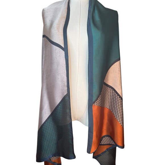NEW Colorful Abstract Silky Fashion Scarf Burnt Orange Emerald Green & Beige - Picture 9 of 11